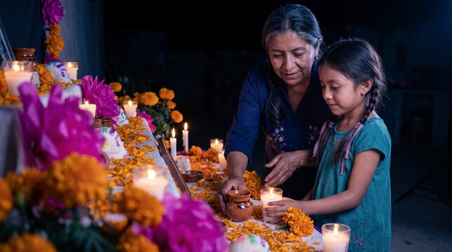 Tender grandmother guiding granddaughter placing candles on Day of the Dead marigold altar