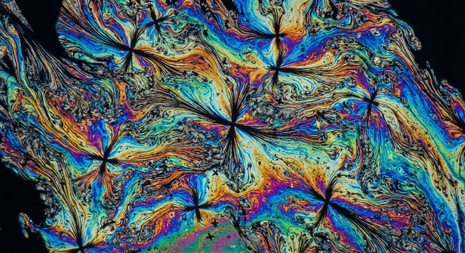 Nematic liquid crystal thin film showing colorful schlieren textures and optical disclination points under polarized light microscopy