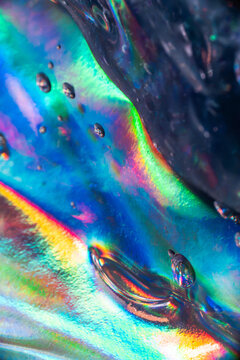 Iridescent soap film texture with water droplet and rainbow color