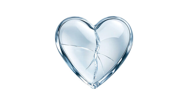 Broken glass heart with vertical fracture and glossy reflections isolated on transparent background PNG element