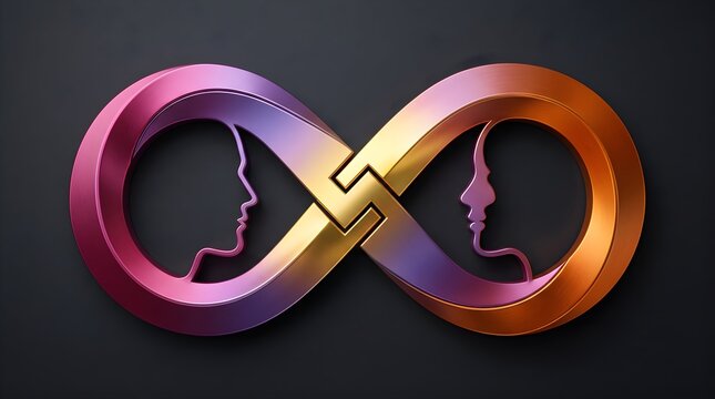 3D Infinity Symbol with Two Abstract Human Profile Silhouettes in Pink and Orange Metallic Design