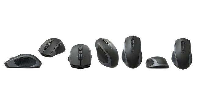 Seven identical ergonomic dark gray wireless computer mice shown in multiple angles and orientations arranged horizontally in a clean studio product showcase isolated on a pure white background