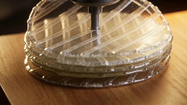 Descending rotary cutting head rotating, peeling layer on disc stack atop wood block, creating grid