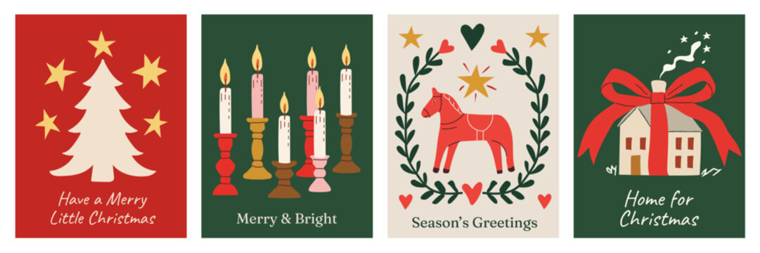 Retro vintage hand-drawn Christmas greeting card set with textured festive illustrations of a tree, candles, rocking horse, wreath, bow and winter house. Holiday prints, invitations, seasonal decor.