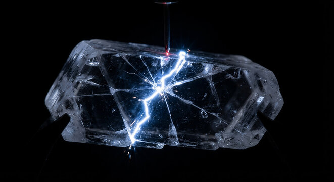 High-speed macro photography of crystalline mineral fracturing under mechanical stress emitting blue triboluminescent light flash along cleavage plane against pitch black background