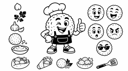 Fototapeta premium Cute rice ball chef mascot character with cooking icons.