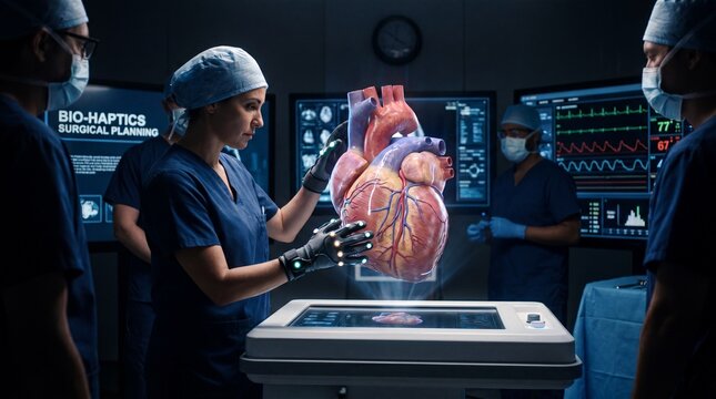 Medical team using haptic gloves to examine a 3D holographic human