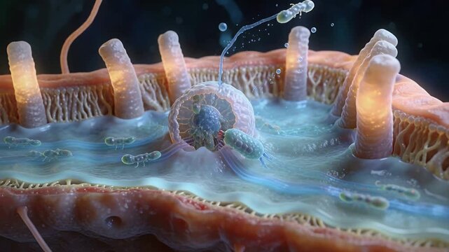 Forming coated pit engulfing particle at mucus brush border while bacteria tethering and taking up