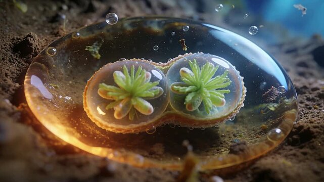 Time-lapse showing paired structures forming green rosettes in droplet on soil with rising bubbles