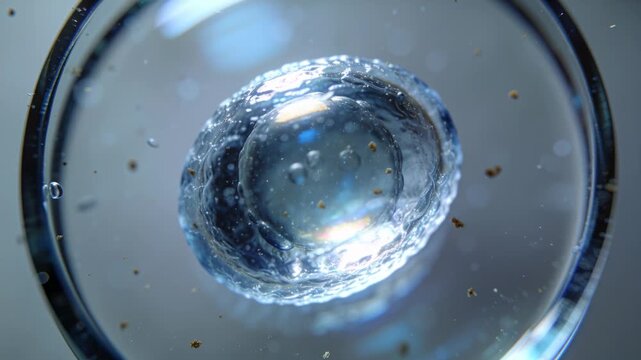 Rotating clear vesicle with inner cluster moving on microscope, light shifting, bubbles drifting