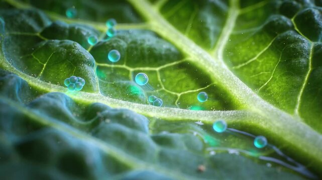 Shifting teal drop clusters rolling on leaf vein, merging under tension, inflating, bursting