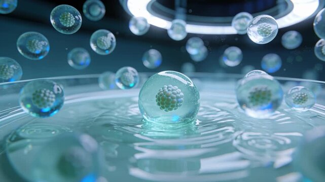 Dropping central droplet with textured core hitting pool, forming column, ripples, ring reflections