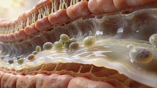 Beating cilia propelling mucus sheet, moving spheres across ridged folds for clearance