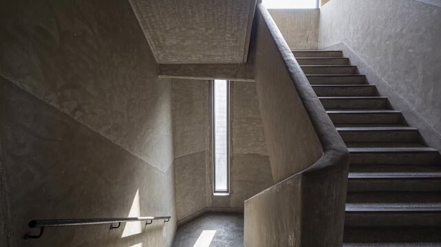 Casting sunlight via window moving across concrete landing revealing handrail shadow tracking sun