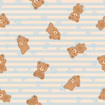 Cute Teddy Bear Seamless Pattern Pastel Hand Drawn Kids Design