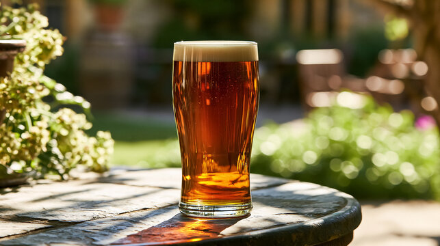 Refreshing amber ale in a glass with foam on a stone table, illuminated by sunlight in an outdoor garden pub