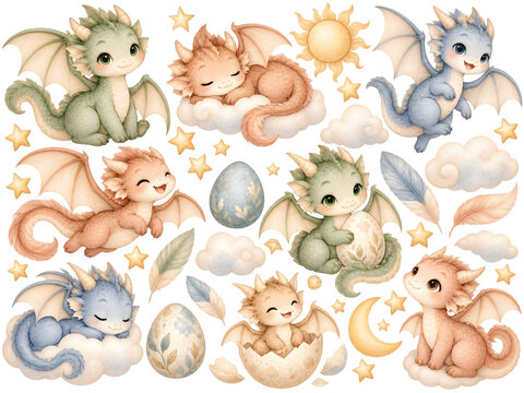 Whimsical watercolor baby dragon collection isolated on transparent background