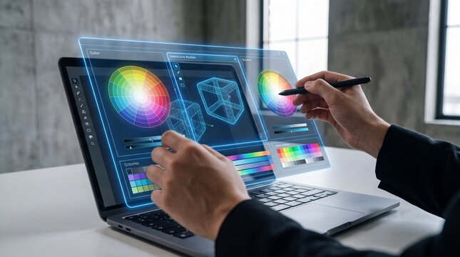Graphic designer using a stylus on a laptop with holographic