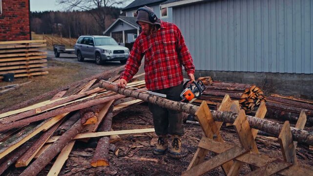 Man Measures A Timber Log Before Cutting With A Chainsaw On A Wooden Sawbuck Outdoors On A Rural Farmstead. - wide shot