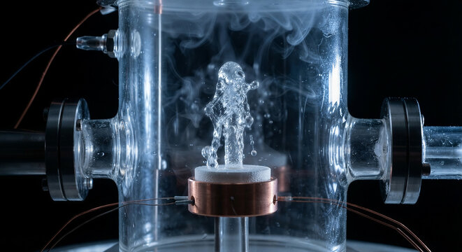 Superfluid helium fountain effect in glass cryostat vacuum chamber with liquid helium spraying upward through porous ceramic disc