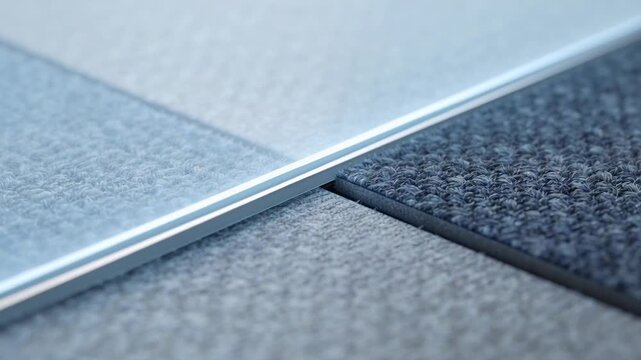 Rolling glass panel bottom with roller along showroom carpet seam after push, aligning metal rail