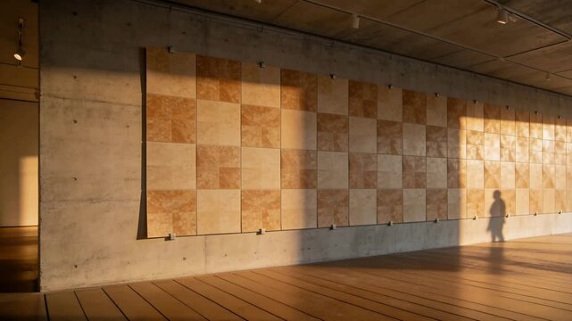 Showing checkered panel with clips receiving sunlight from right and moving shadow at art gallery