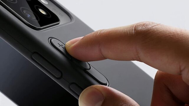 Approaching right hand's index finger pressing circular pad on phone in studio, activating control