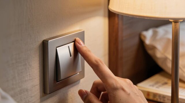 Approaching single adult right hand pressing metal rocker switch beside bed, toggling warm lamp