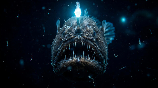 The enigmatic deep-sea anglerfish, a fearsome predator, uses its glowing bioluminescent lure to pierce the abyssal darkness, revealing the mysterious depths of the ocean