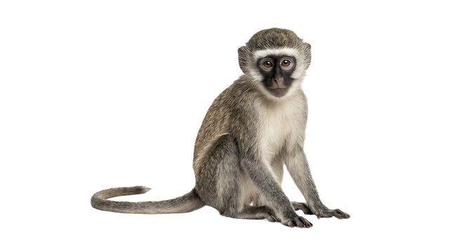 Vervet monkey sitting in a full body studio portrait isolated on a clean white background for primate Design