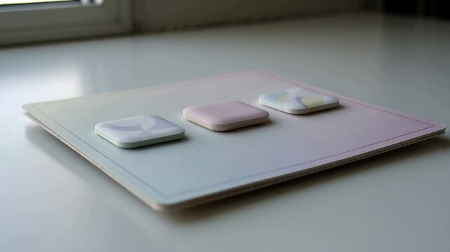 Activating pastel pad, center tile rising from trio rounded-square tiles on tabletop, window sill