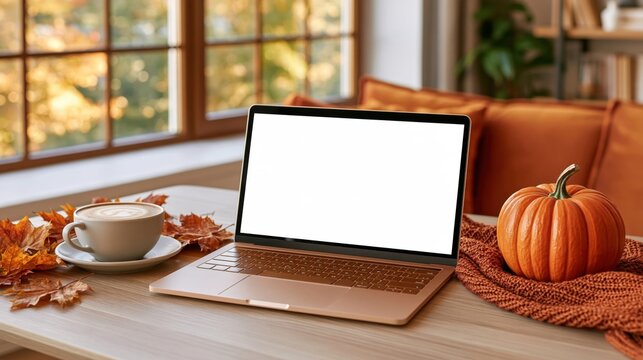 Laptop with blank screen on wooden desk beside pumpkin and coffee cup, autumn leaves scattered, warm indoor lighting