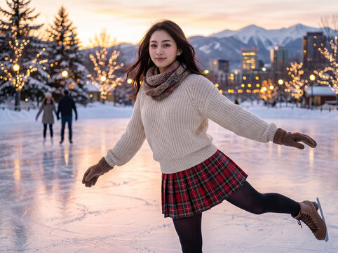 夕暮れのスケートリンクで滑る女性