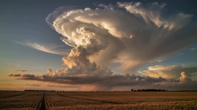 Evolving storm cloud showing updraft puffing and rain shaft forming over harvested field, warm sun