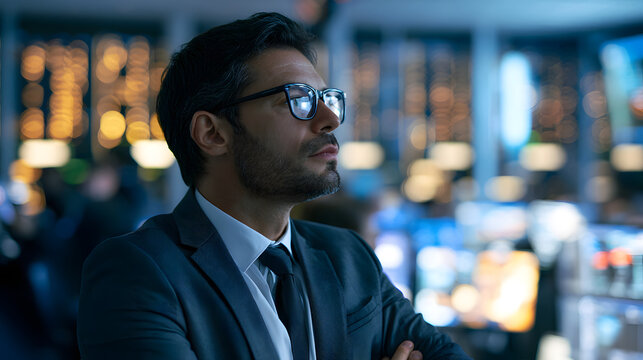 A seasoned European observer taking in the active trading floor in a bustling financial center