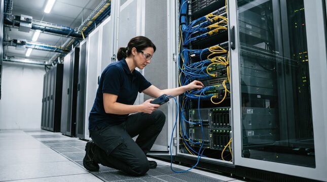 Technician Working in a Data Center Server Room