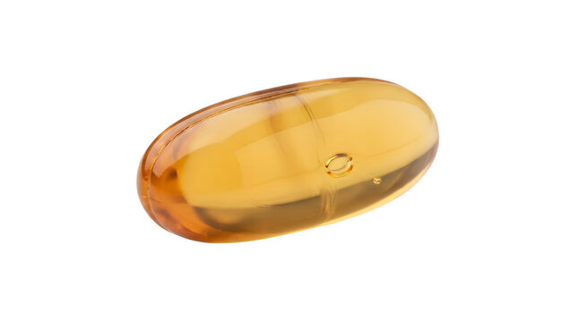 Single oblong oval shaped softgel capsule vitamin or supplement pill positioned diagonally with amber golden yellow orange translucent highlights with small air bubbles isolated on white background