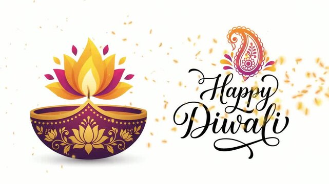 Diwali diya lamp illuminated with a golden flame sits beside a decorative paisley pattern and elegant calligraphy on a clean white background to celebrate the annual Indian festival of lights.
