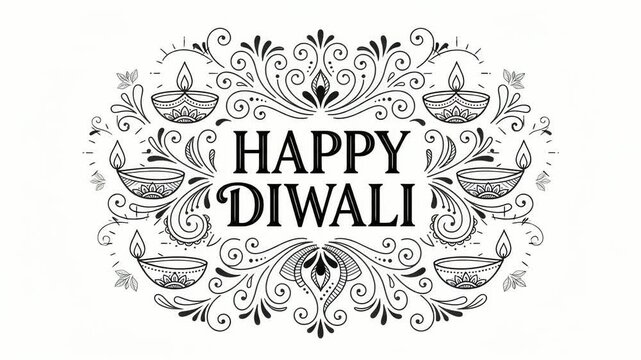 Diya lamps surround a central Happy Diwali message written in elegant typography, framed by intricate hand-drawn swirls and floral patterns on a pure white background for holiday invitations.