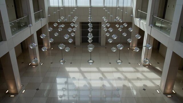 Sunlight falling on atrium drawing companions walking and pushing wheelchair past hanging glass art