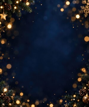 dark blue christmas background with golden glowing bokeh and christmas star lights
