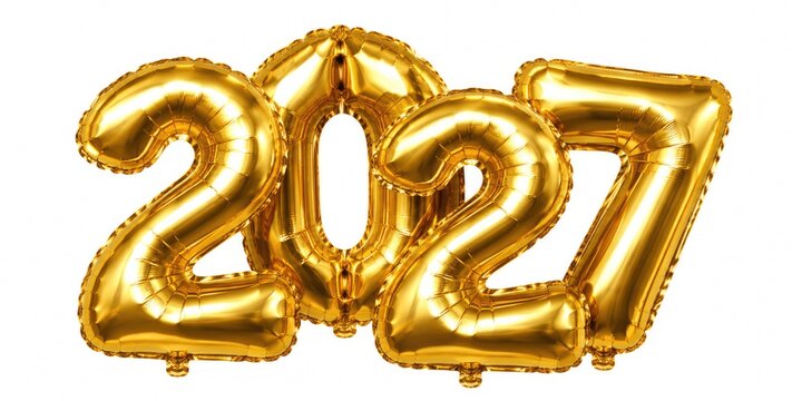 golden number new year 2027 made of latex mylene metallic foil air balloons isolated on white or transparent png