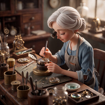 3D Cartoon Character Illustration of a Female Artisan Watchmaker in Her Workshop