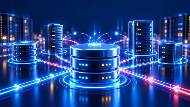 Futuristic digital datacenter with glowing server racks and network streams routing information across a virtual database architecture