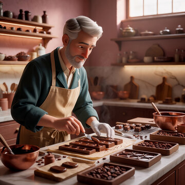 3D Cartoon Character Illustration of a Senior Artisan Chocolatier in His Kitchen