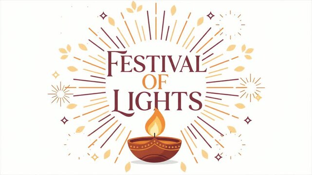 Diya lamp radiates warmth beneath the bold text of the Festival of Lights celebration on a clean white background, providing plenty of copy space for seasonal marketing and holiday messaging design.