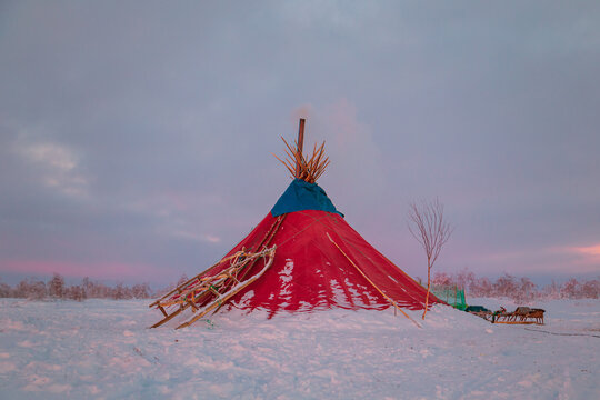 The traditional dwelling of the Nenets reindeer herders, a chum, at dusk.