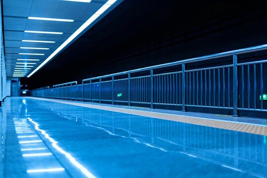 Modern subway platform illuminated with blue lighting and reflective floor