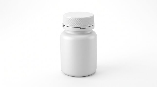 White plastic medicine bottle mockup with child-resistant cap isolated on a clean white background for pharmaceutical branding