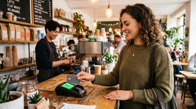 Woman making contactless payment at cozy cafe
